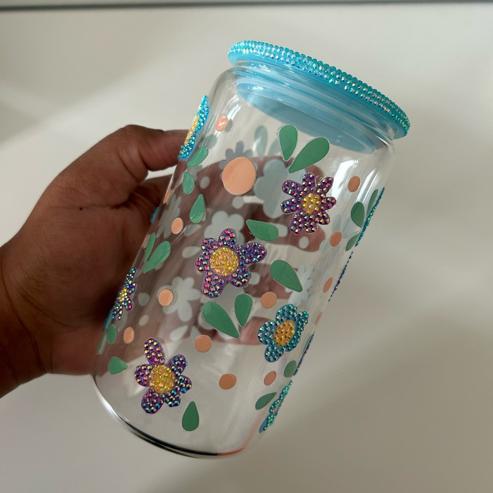 16oz bedazzled floral tumbler cup!